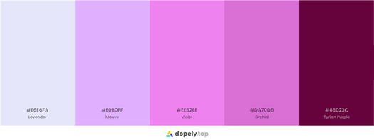 Tyrian Purple, Orchid, Violet, Mauve, and lavender with hex codes color palette