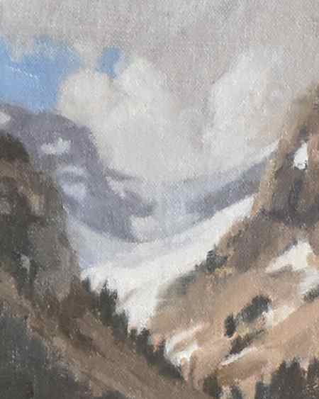Close up of a mountain painting in oil.
