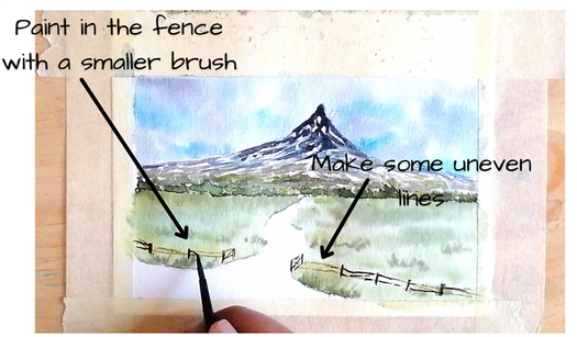 Painting a farm fence in a watercolor landscape