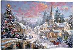 Christmas Wall Art Canvas - Christmas Pictures for Wall Decor, Winter Snowscape Snowman Painting Prints Framed Artwork for. 