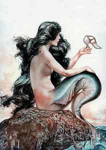 Wall Art - Painting - Vintage Mermaid Looks Longingly at a Shoe by Tina Lavoie