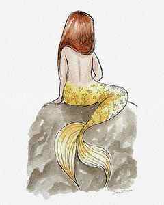 Wall Art - Painting - Yellow Tail Mermaid on a Rock by Sara Paulson