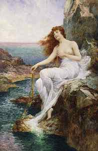Wall Art - Painting - A Sea Nymph Seated on a Rock with a Ribbon of Seaweed by Alfred Glendening Jr