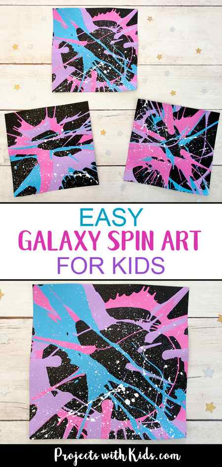 This galaxy spin painting art project is out of this world! Spin art is such a fun process art technique that kids of all ages love. #kidsart #galaxyart #spinart #projectswithkids