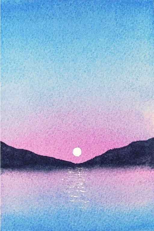 To create this easy watercolour lake with a moon, the third step is to load up your brush with white gouache to paint a small moon above the lowest point where the mountains converge. Then, use the dry brush technique to paint moon reflections on the water.
