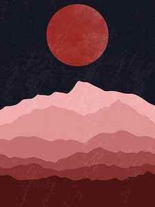 Wall Art - Drawing - Full moon phase abstract contemporary landscape boho poster gradient colors of mountains by Mounir Khalfouf