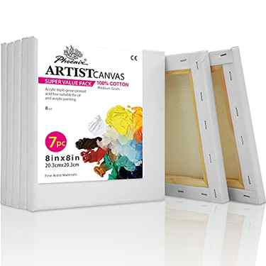 PHOENIX White Blank Cotton Stretched Canvas Artist Painting - 8x8 Inch / 7 Pack - 5/8 Inch Profile Triple Primed for Oil & Acrylic Paints