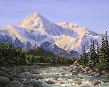 Wall Art - Painting - Majestic Denali Mountain Landscape - Alaska Painting - Mountains and River - Wilderness Decor by K Whitworth