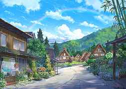 anime landscape, houses, scenic, clouds, nature, Anime, HD wallpaper