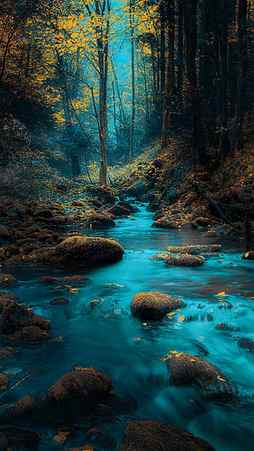 Blue river, forest, landscape, nature, rocks, trees, water, yellow leaves, HD phone wallpaper