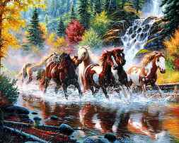 Horses, autumn, forest, keathley, mark, nature, painting, river, HD wallpaper