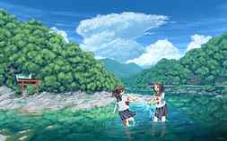 anime girls, river, forest, nature, scenic, torii, shrine, Anime, HD wallpaper