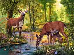 Woodland stream, stream, pretty, grass, bonito, painting, flowers, river, deers, animals, art, forest, quiet, calmness, lovely, creek, serenity, paradise, peaceful, nature, woodland, HD wallpaper