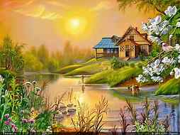 Landscape painting, art, cottage, painting, nature, river, sunrise, HD wallpaper