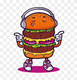 character burger with headphones, Hamburger T-shirt French fries Art, Flat burger, food, cartoon, material png thumbnail