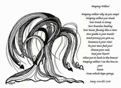 Wall Art - Drawing - Weeping Willow With Poem by Minnie Lippiatt