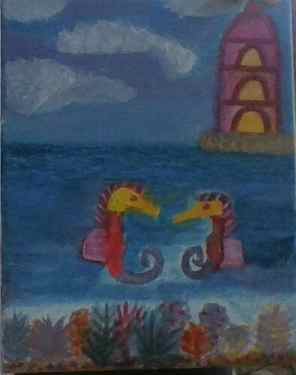 Seahorses and a lighthouse by Kaya Nikita