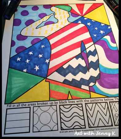 Memorial day art projects for kids. Interactive coloring sheets with patriotic symbols from Art with Jenny K. 