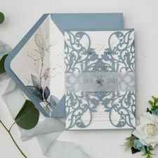 elegant greenery design and dusty blue laser cut wedding invitations