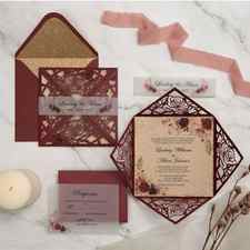 Fall rustic burgundy laser cut wrap with floral wedding invitations