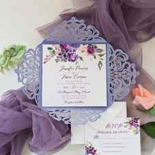Lavender Laser Cut Fold with Purple and Blush Florals on Invitation EWDK010