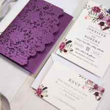 vivid shades of purple watercolor floral laser cut pocket wedding invitations EWWS202