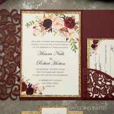 burgundy laser cut pocket fold wedding invitations