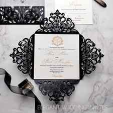 shiny black laser cut wedding invitations with belly band