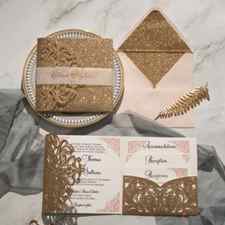 glitter rose gold laser cut wedding invitation with pocket inserts EWWS277