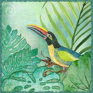 Wall Art - Painting - Rainforest Tropical - Jungle Toucan w Philodendron Elephant Ear and Palm Leaves 2 by Audrey Jeanne Roberts