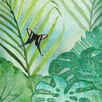 Rainforest Tropical - Philodendron Elephant Ear and Palm Leaves w Botanical Butterfly by Audrey Jeanne Roberts