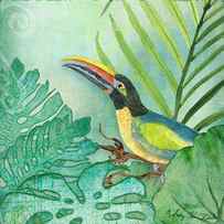 Rainforest Tropical - Jungle Toucan w Philodendron Elephant Ear and Palm Leaves 2 by Audrey Jeanne Roberts