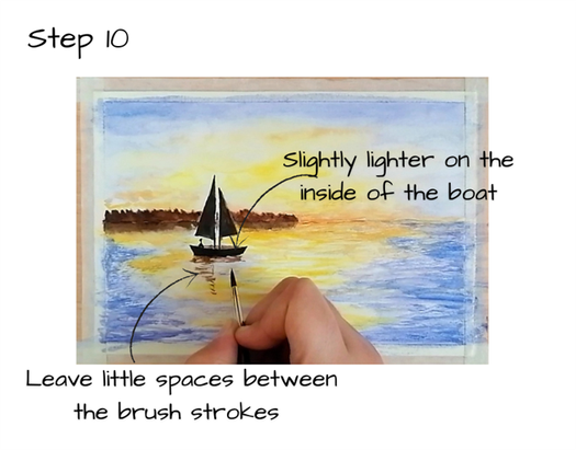 This image shows the last step of this watercolor tutorial where I paint the boat silhouette.