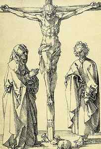 Wall Art - Drawing - Christ on the Cross with Mary and John the Baptist by Albrecht Durer
