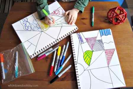Child creating colorful zentangle art