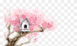 bird perched on tree branch near birdhouse illustration, Watercolor painting Fukei Cartoon Landscape painting Illustration, Hand-painted cherry tree, tree Branch, poster, branch png thumbnail